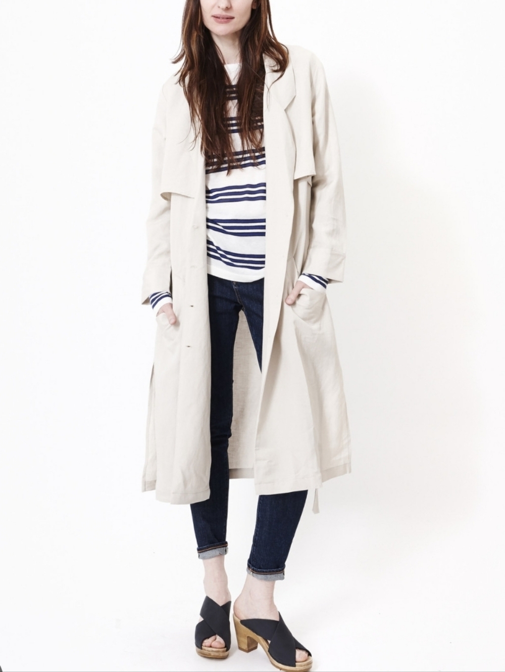 First Rite Erin Trench Coat in Khaki Linen Rayon Blend Lightweight Tie Waist